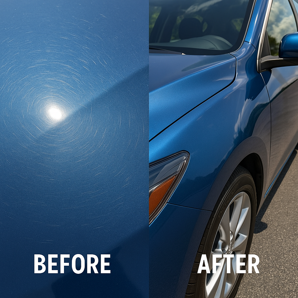 Split image of a blue sedan hood: left side shows heavy swirl marks, right side displays a flawless, deep gloss after paint correction.