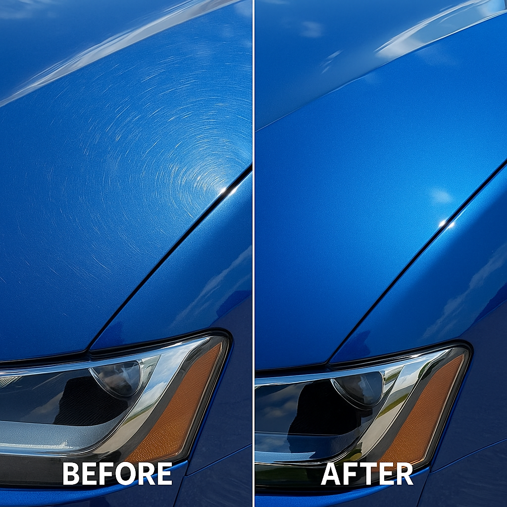 Split image of a blue Audi hood: left side covered in swirl marks, right side shows a perfectly corrected, glossy surface.