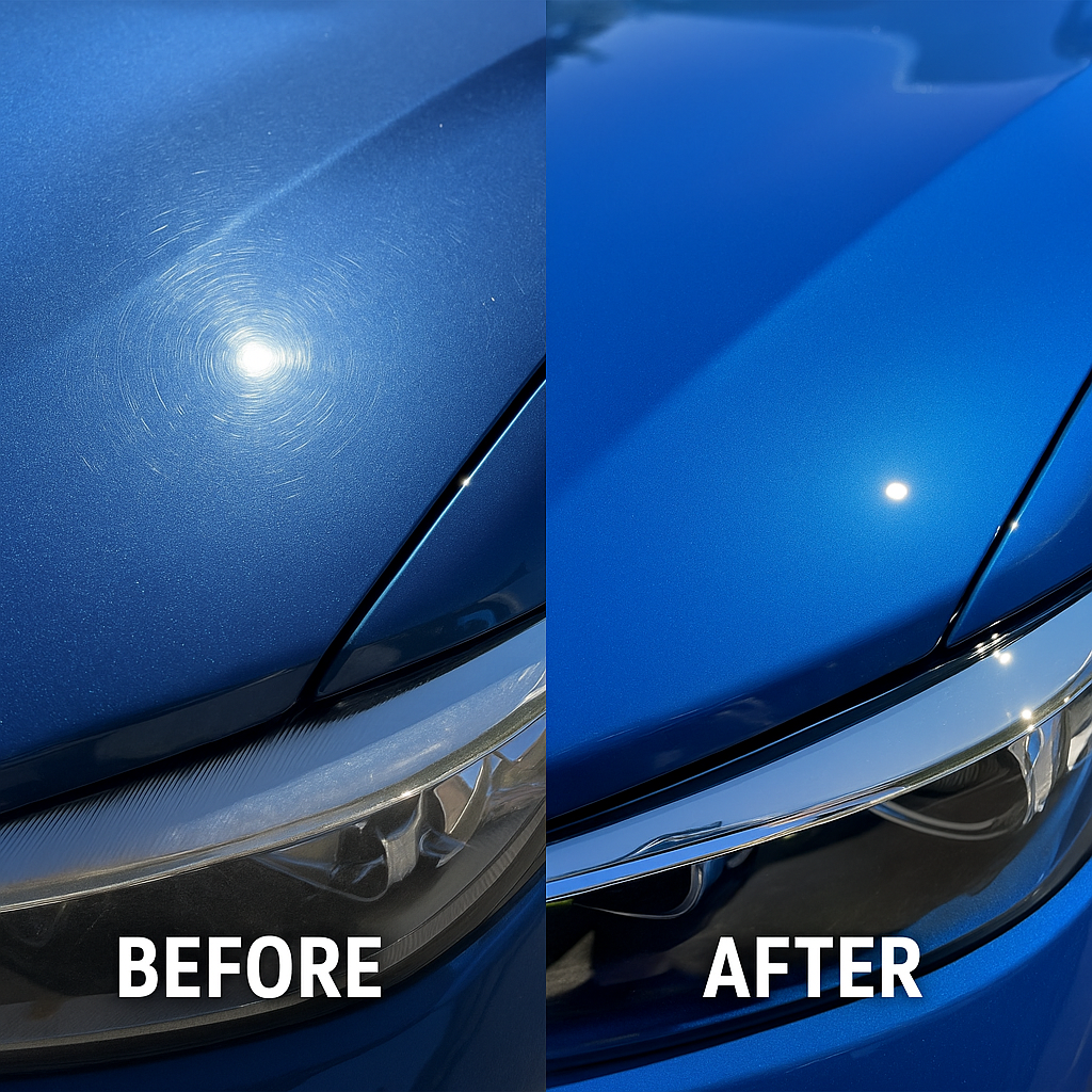 Split image of a metallic blue car hood: left side shows widespread swirl marks, right side exhibits a stunning, clear gloss.