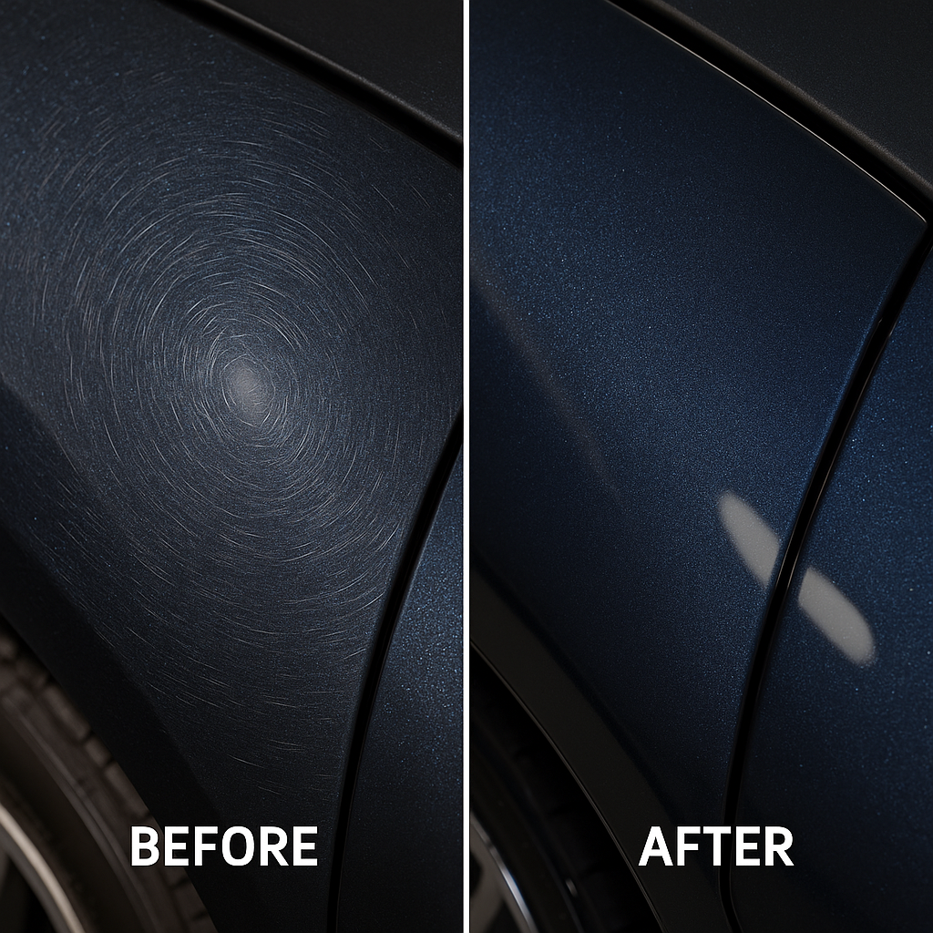 Split image of a dark metallic car fender: left side shows dense swirl marks, right side is smooth with deep reflections.