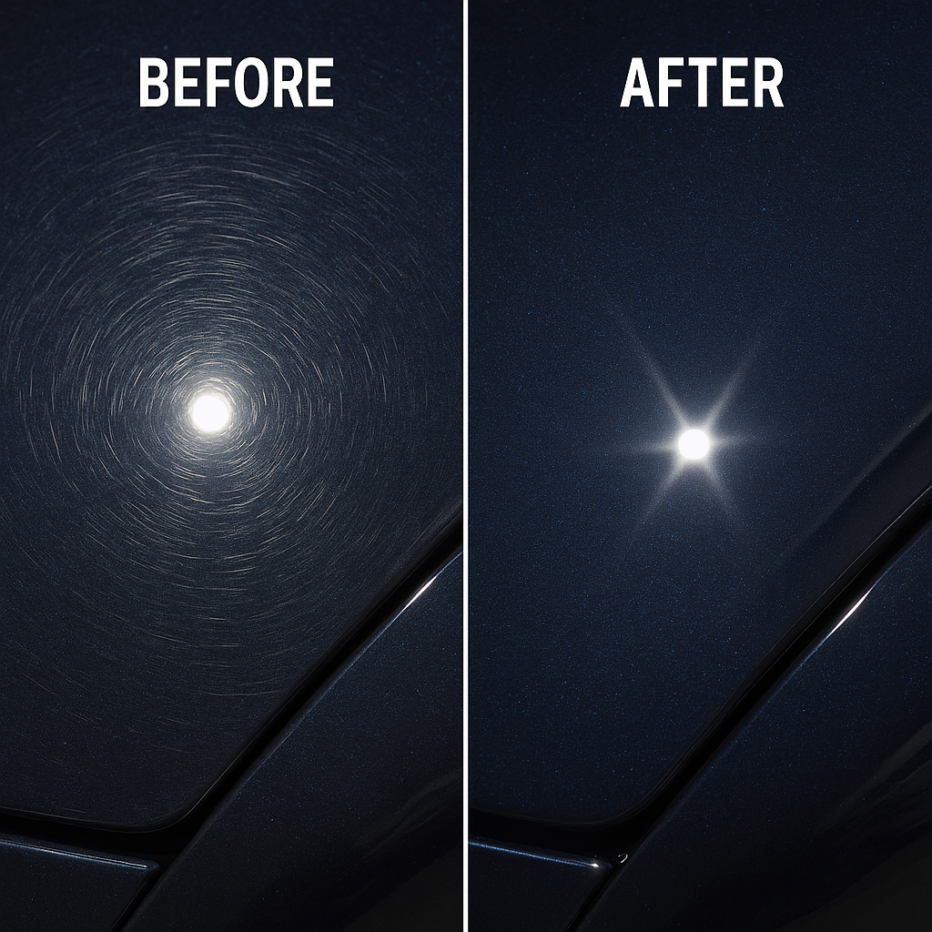 Split image of a dark metallic car panel: left side shows swirl marks around a light source, right side has a brilliant, starburst reflection.