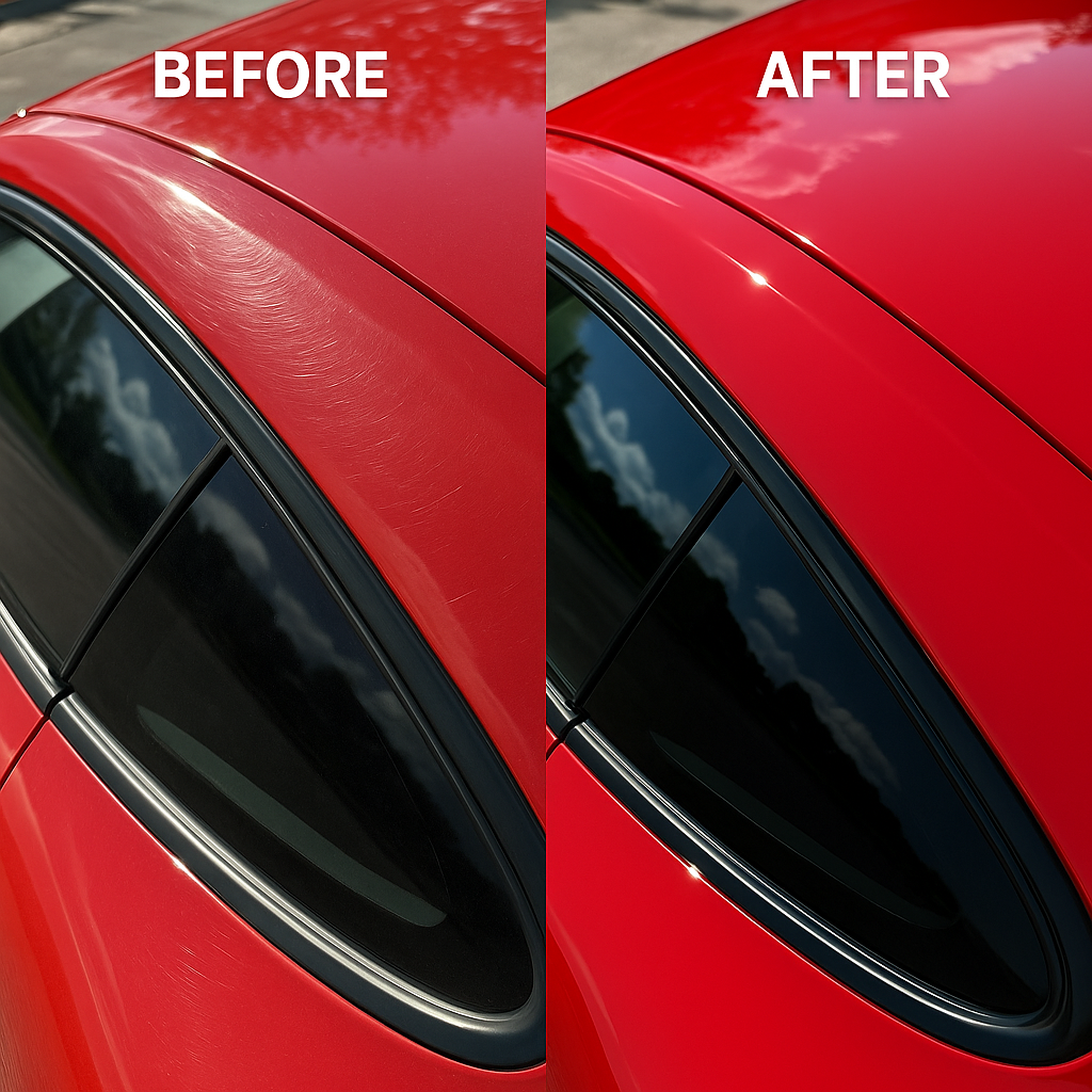 Split image of a red coupe's rear quarter panel: left side shows noticeable swirl marks and scratches, right side reveals a smooth, high-gloss finish.