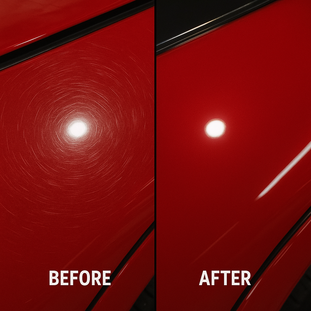 Split image of a red car door: left side shows severe swirl marks under direct light, right side is a flawless, deep red.